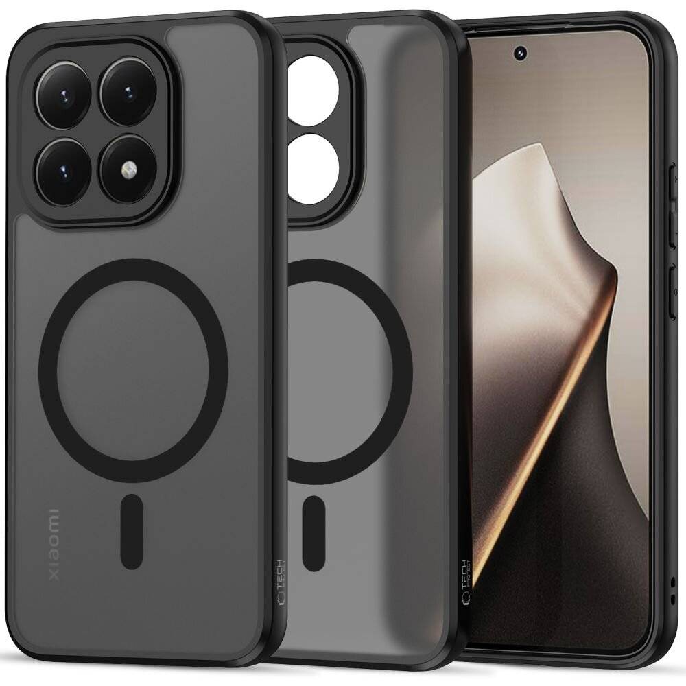 Zwei Smartphones mit schwarzen Gehäusen, die drei rückseitige Kameras und ein magnetisches Ringdesign aufweisen. Ein Telefon zeigt ein glattes, abstraktes Hintergrundbild.