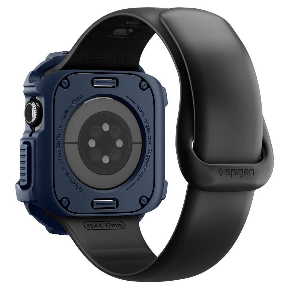 Eine schwarze Smartwatch mit robustem blauem Schutzgehäuse und schwarzem Armband. Die Uhr zeigt ihre Rückseite an, auf der der Sensorbereich und die Markenbezeichnung zu sehen sind.