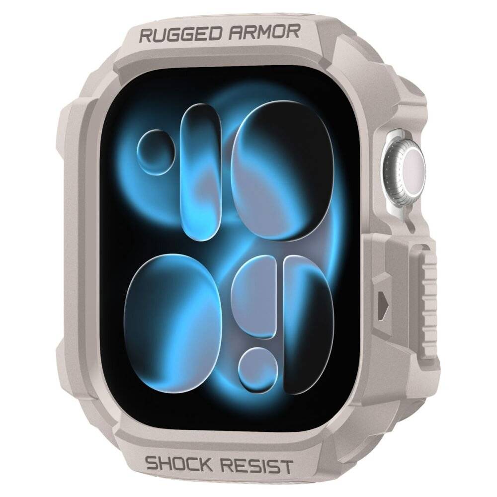 Ein robustes Smartwatch-Gehäuse mit 'Rugged Armor' oben, 'Shock Resist' unten, mit einem einzigartigen blauen abstrakten digitalen Display.