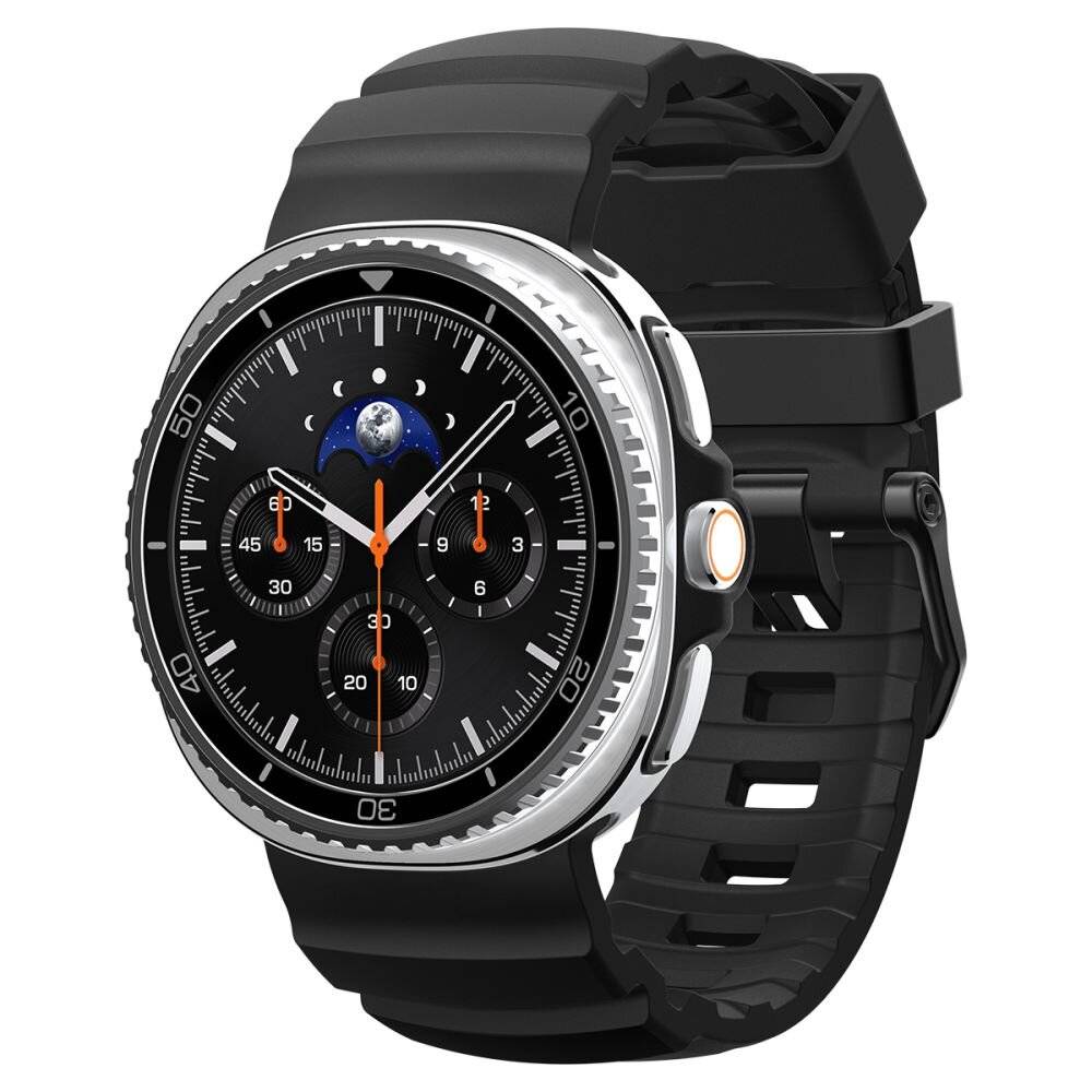 Eine elegante schwarze Smartwatch mit rundem Zifferblatt, das drei kleine Zählwerke zeigt, einen orangefarbenen Sekundenzeiger und eine Mondphasenanzeige oben.