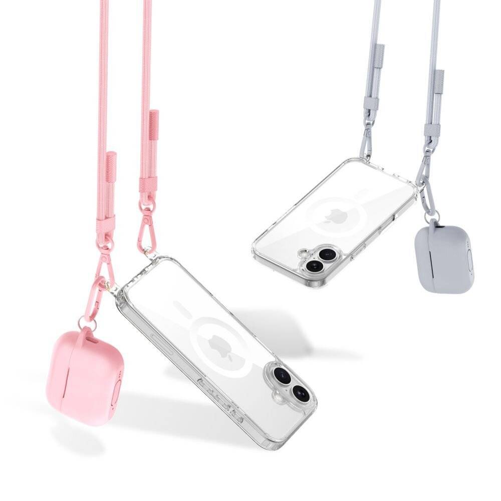 Zwei transparente Handyhüllen mit Riemen und angehängten rosa und grauen AirPods-Hüllen hängen vor weißem Hintergrund.