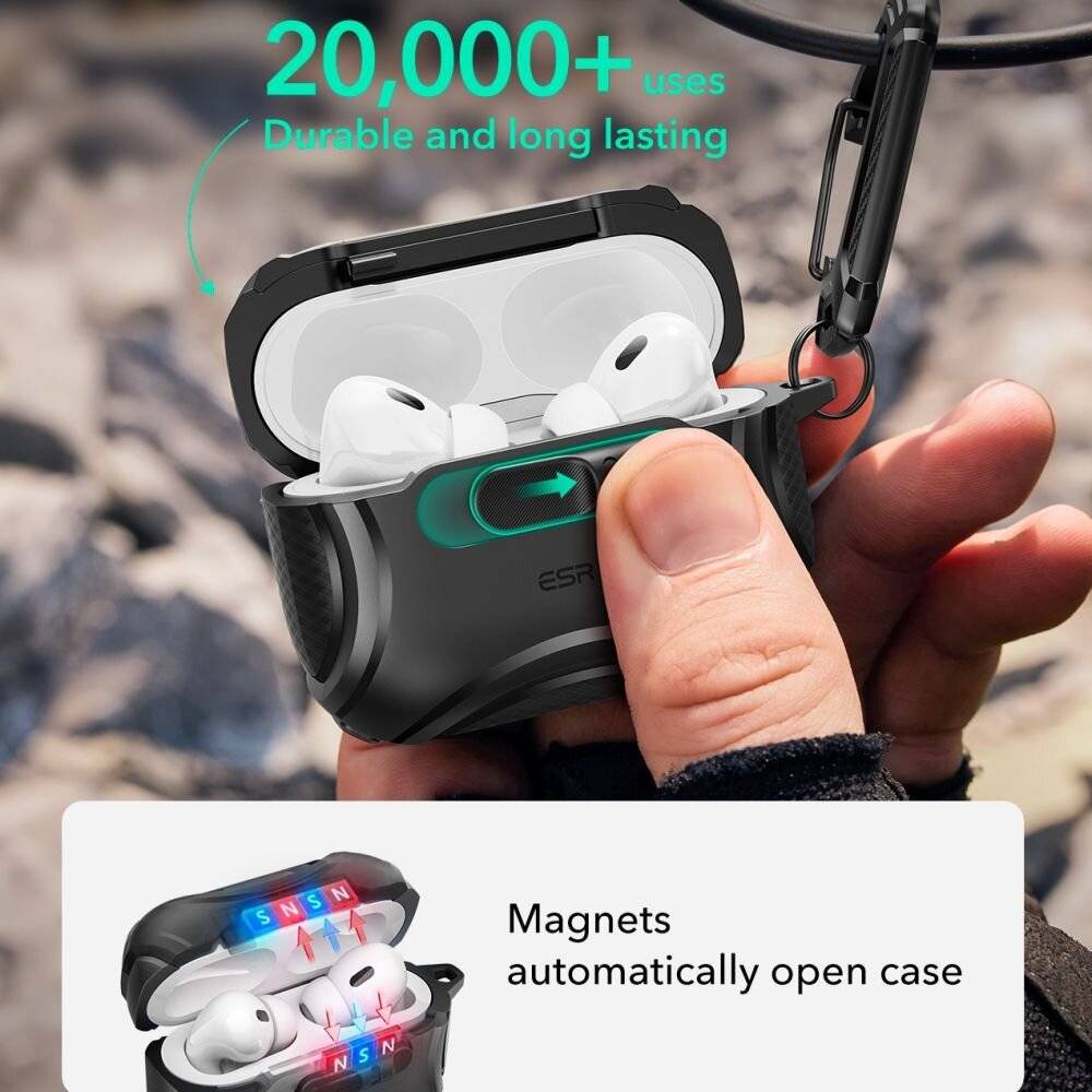 Eine Hand hält ein Paar kabellose Ohrhörer in einem schwarzen Ladegehäuse mit Text „20.000+ Benutzer