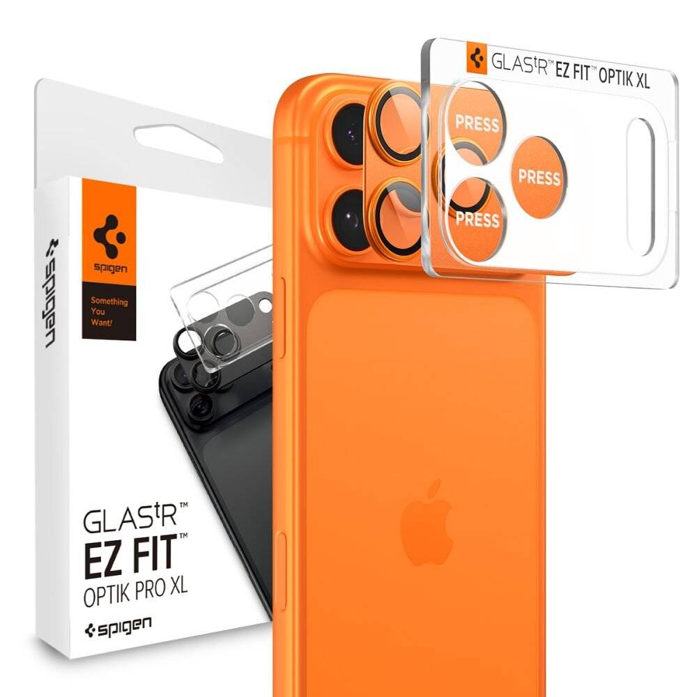 Orange Smartphone mit einem Kameraschutz neben seiner Verpackung. Die Verpackung zeigt den Text „GLAS.TR EZ FIT