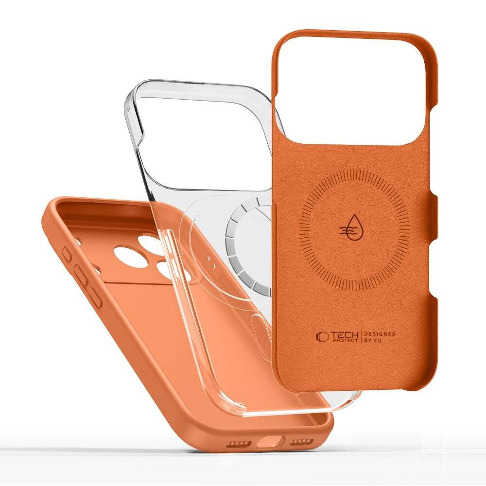 Drei Handyhüllen werden angezeigt: eine orange Hülle mit einem Wassertropfen-Logo, eine durchsichtige Hülle und eine orange Hülle mit sichtbaren Anschlüssen und Knöpfen.