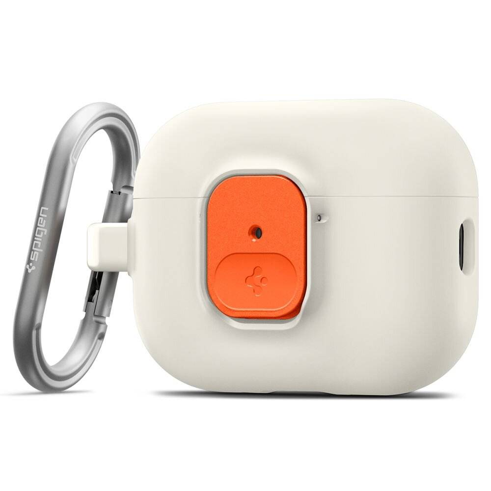 Ein weißes AirPods-Gehäuse mit einem orangefarbenen Knopf auf der Vorderseite, ausgestattet mit einem metallischen Karabinerverschluss an der Seite für einfaches Tragen.