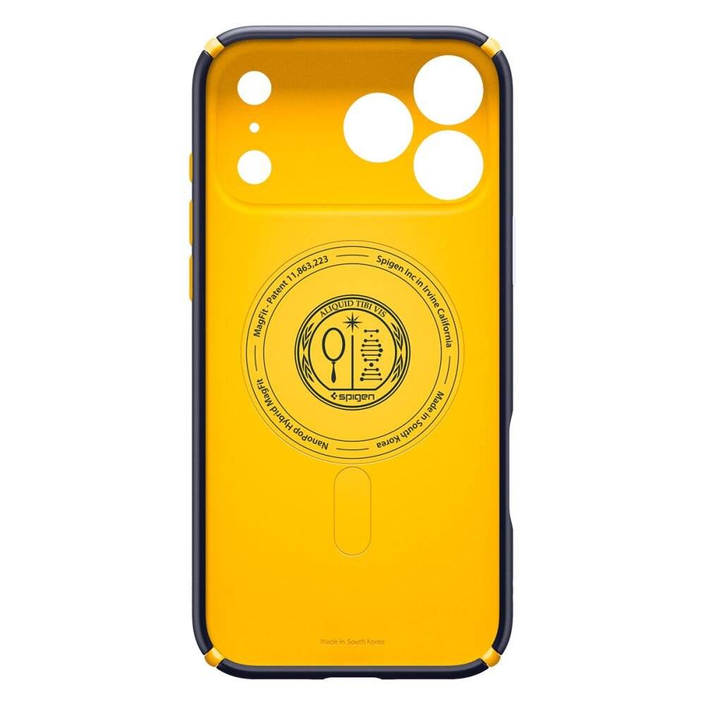 Eine gelb-blaue Handyhülle mit einem kreisförmigen Logo in der Mitte, das den Text „Spigen