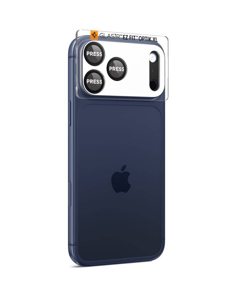 Ein schützender grauer iPhone-Case mit sichtbarem Logo und kreisförmigem Design auf der Rückseite, das ein iPhone mit Dual-Kamera-Objektiven abdeckt.