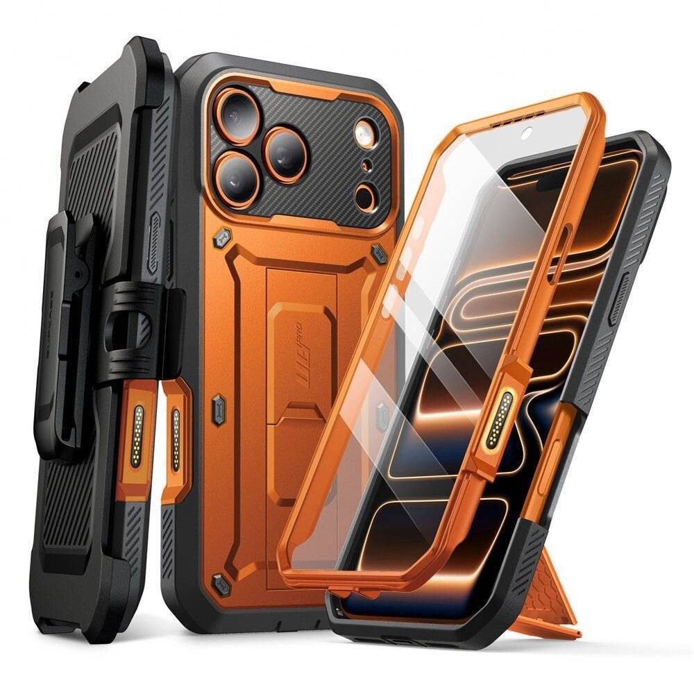 Robustes Smartphone-Case mit orangen und schwarzen Akzenten, mit durchsichtiger Vorderseite und verstärkten Kanten für erhöhten Schutz.