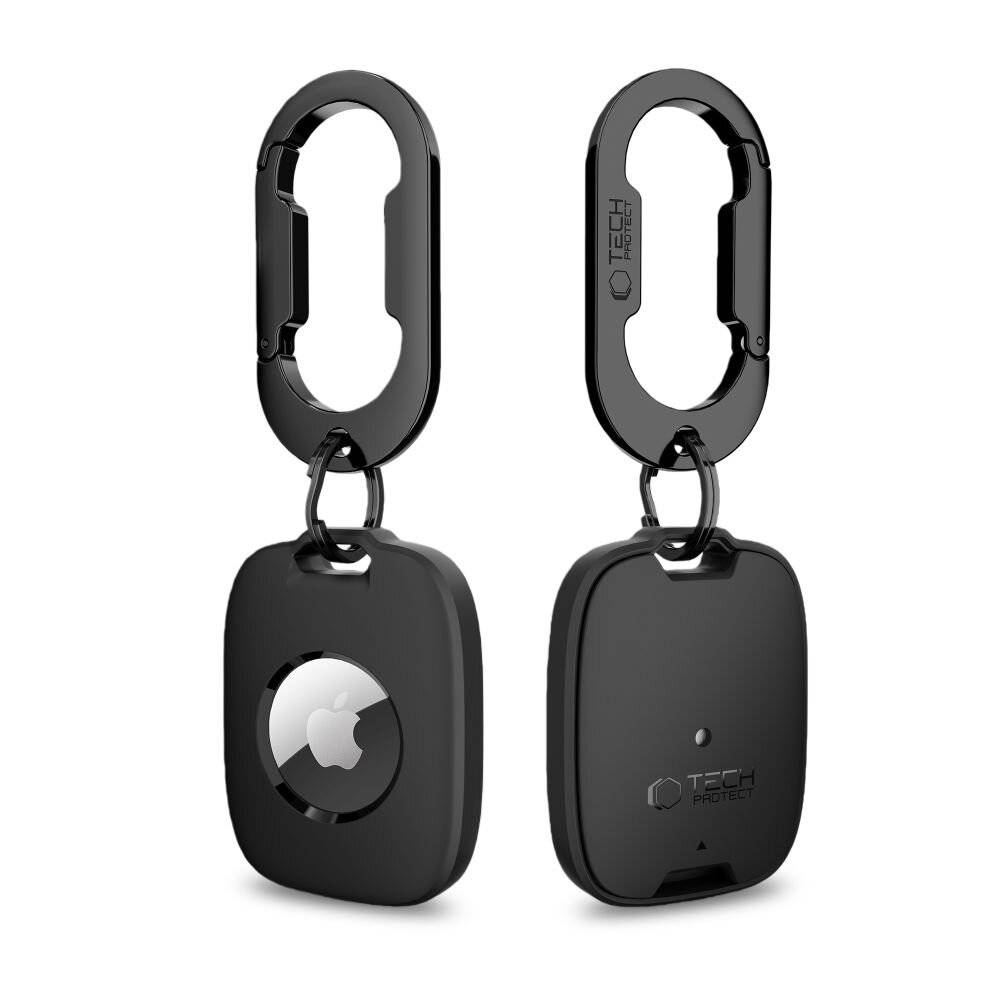 Ein schwarzer Karabiner-Schlüsselanhänger, der ein quadratisches Schutzgehäuse für einen Apple AirTag hält, mit Ansichten von vorne und hinten.