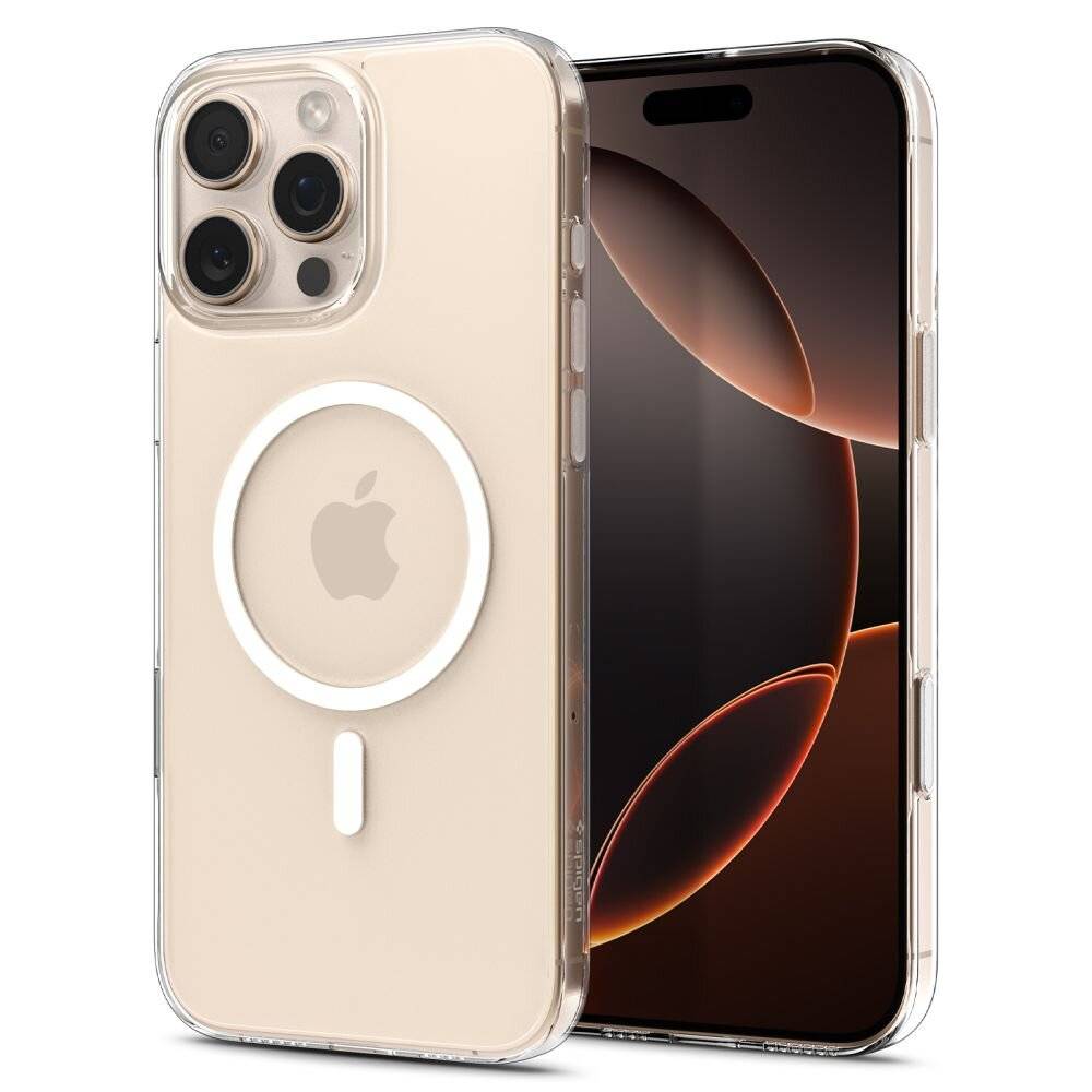 Ein beiges Smartphone in einer transparenten Schutzhülle mit drei Kameraobjektiven und einem Apple-Logo, daneben seine Rückansicht.