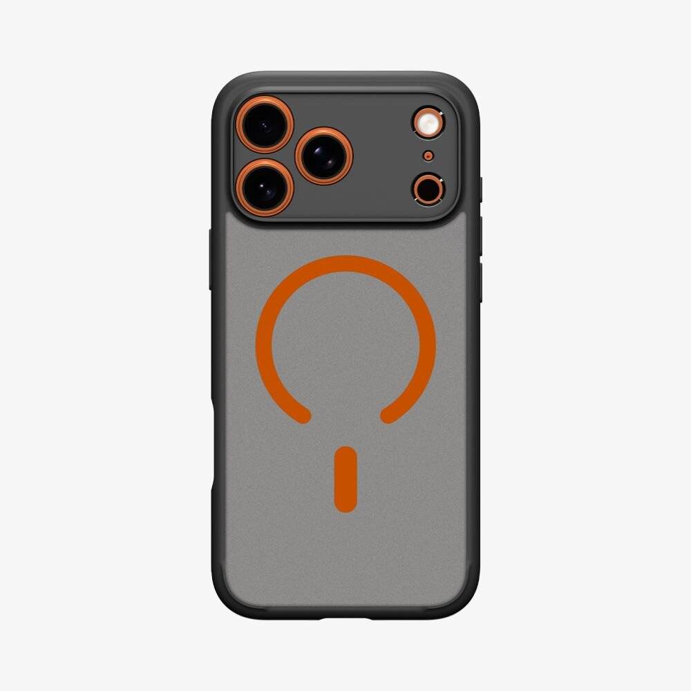 Ein Smartphone mit grauem Gehäuse, das drei Kameraobjektive und ein oranges Kreissymbol auf der Rückseite aufweist.