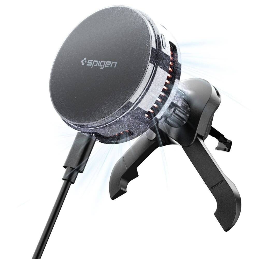 Magnetische Handyhalterung mit angebrachtem Ladekabel, für die Verwendung im Auto konzipiert. Markenname sichtbar auf der Halterungsoberfläche.