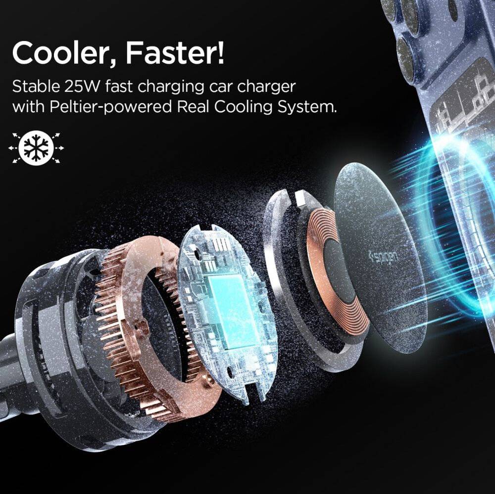 „Explosionszeichnung eines Peltier-gesteuerten 25-W-Schnelllade-Autoladers, der sein echtes Kühlsystem zur stabilen Leistung hervorhebt.