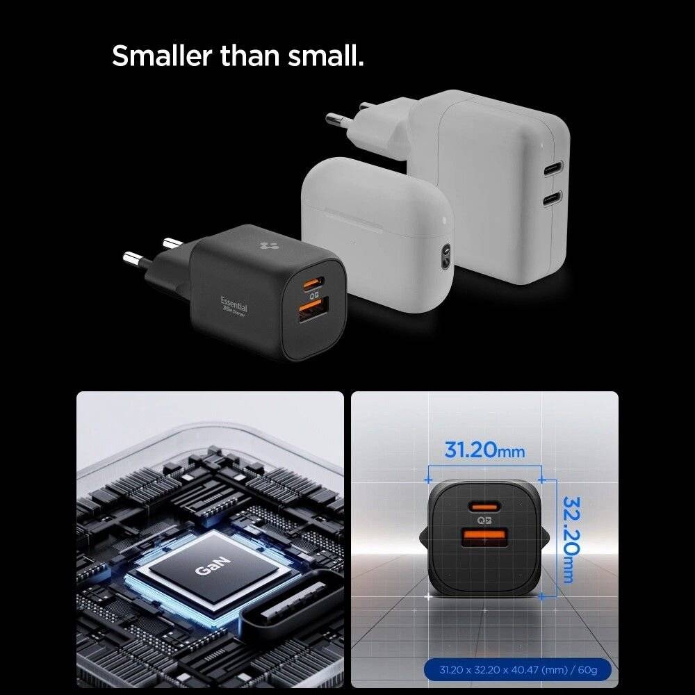 Drei kompakte Ladegeräte mit USB-Anschlüssen werden präsentiert, beschriftet mit „Kleiner als klein