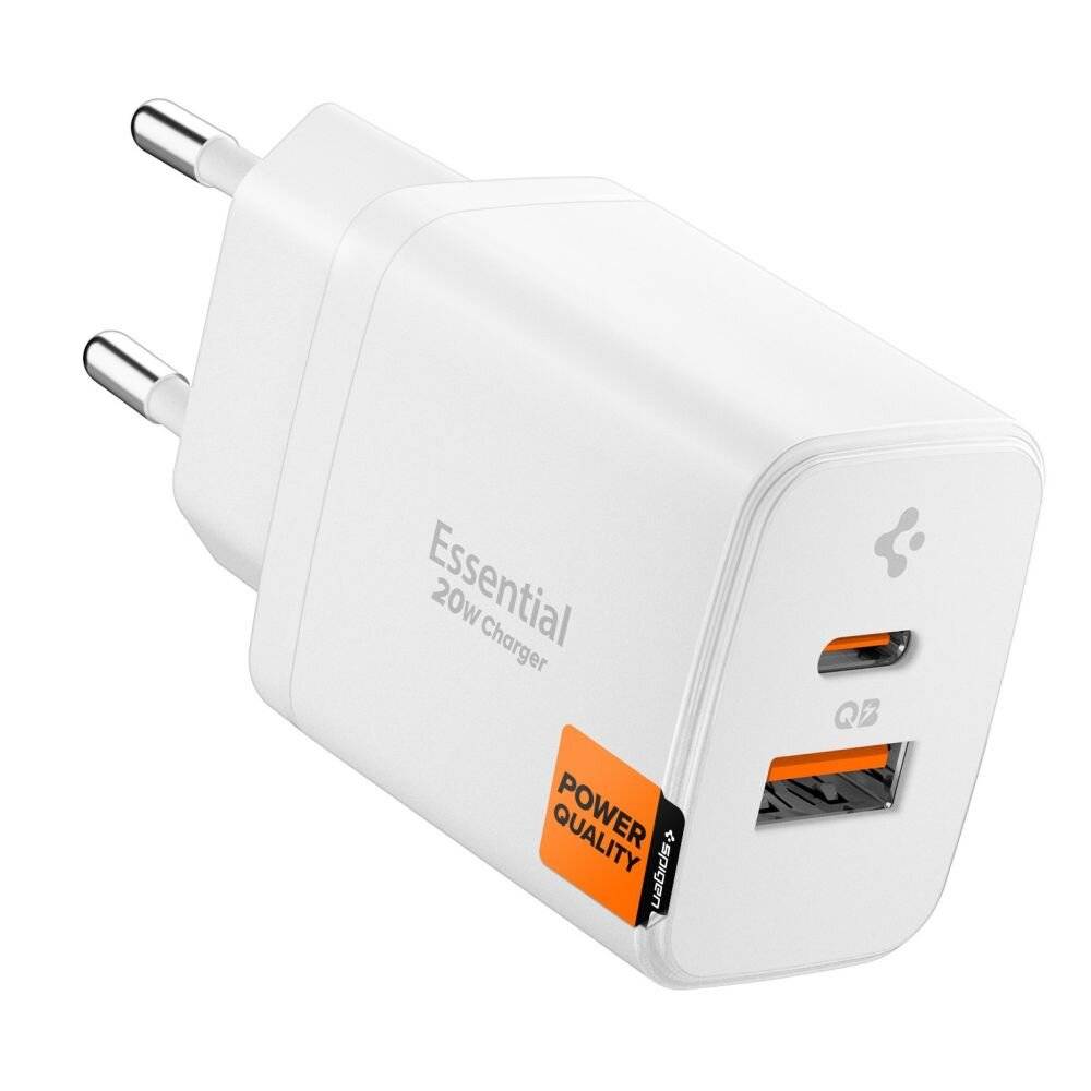 Ein weißes Dual-Port-Wandladegerät mit USB-C- und USB-A-Anschlüssen, beschriftet mit „Essential 20W Charger