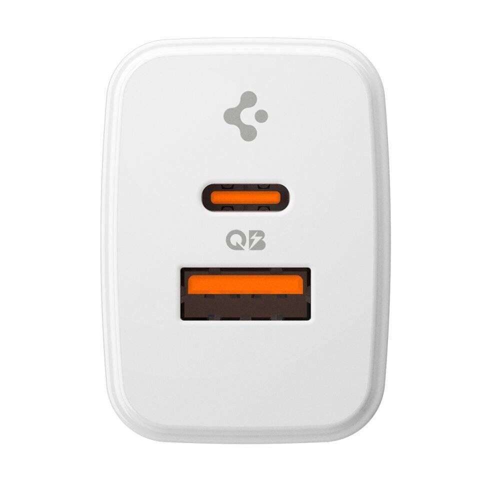 Ein weißes Wandladegerät mit USB-C- und USB-A-Anschlüssen. Beide Anschlüsse haben orange Innenseiten. Ein kleines, abstraktes Symbol befindet sich über dem USB-C-Anschluss.