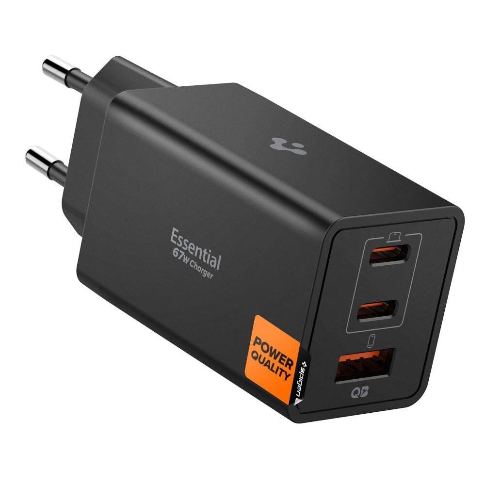 Spigen Essential EE673EU 3-Port-Ladegerät (2x USB-C, 1x USB-A, 67 W) – Schwarz