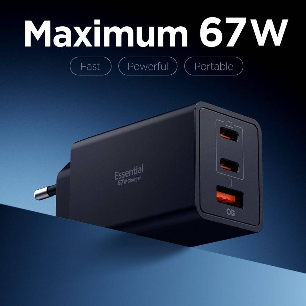 Spigen Essential EE673EU 3-Port-Ladegerät (2x USB-C, 1x USB-A, 67 W) – Schwarz