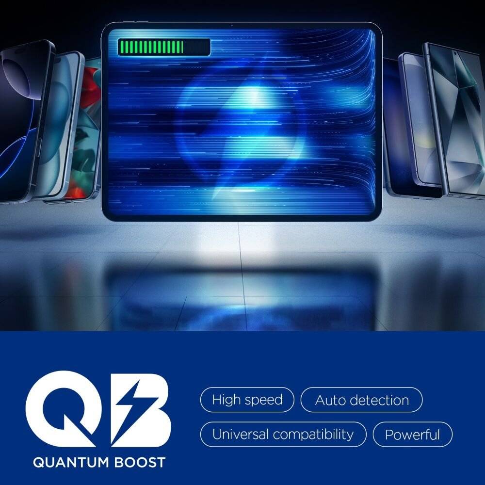 Quantum Boost'-Ladegerät mit grüner Batterieanzeige und Text, das folgende Funktionen hervorhebt: 'Hochgeschwindigkeit', 'Automatische Erkennung', 'Universelle Kompatibilität', 'Leistungsstark'.