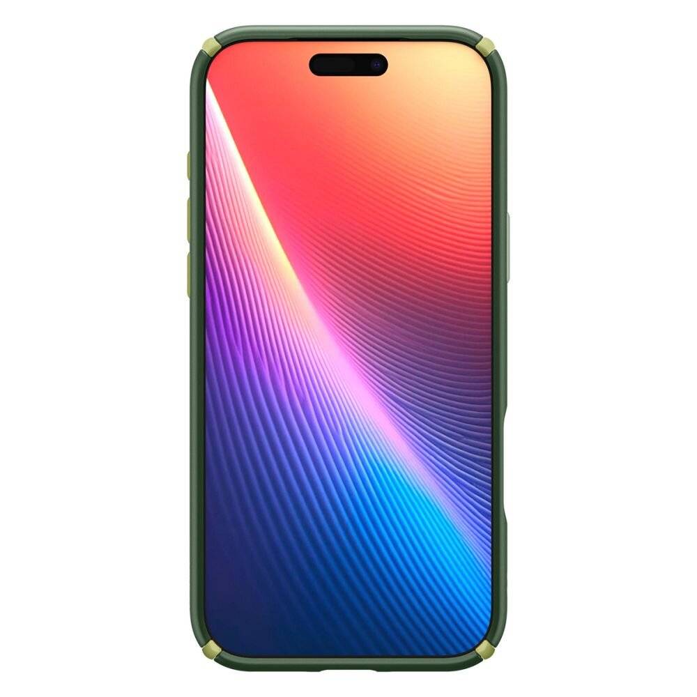 Ein Smartphone mit einem lebendigen, farbenfrohen Bildschirm, der einen Farbverlauf von Gelb zu Blau zeigt, in einer schützenden grünen Hülle eingehüllt.