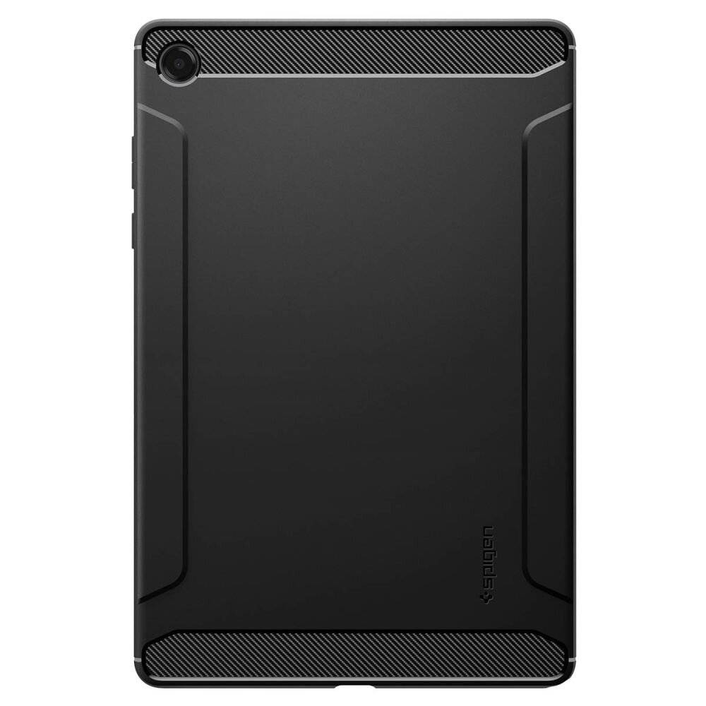 Schwarze Tablet-Schutzhülle mit schlankem, minimalem Design, ausgestattet mit strukturierten Mustern und gekennzeichnet mit dem Wort Spigen.