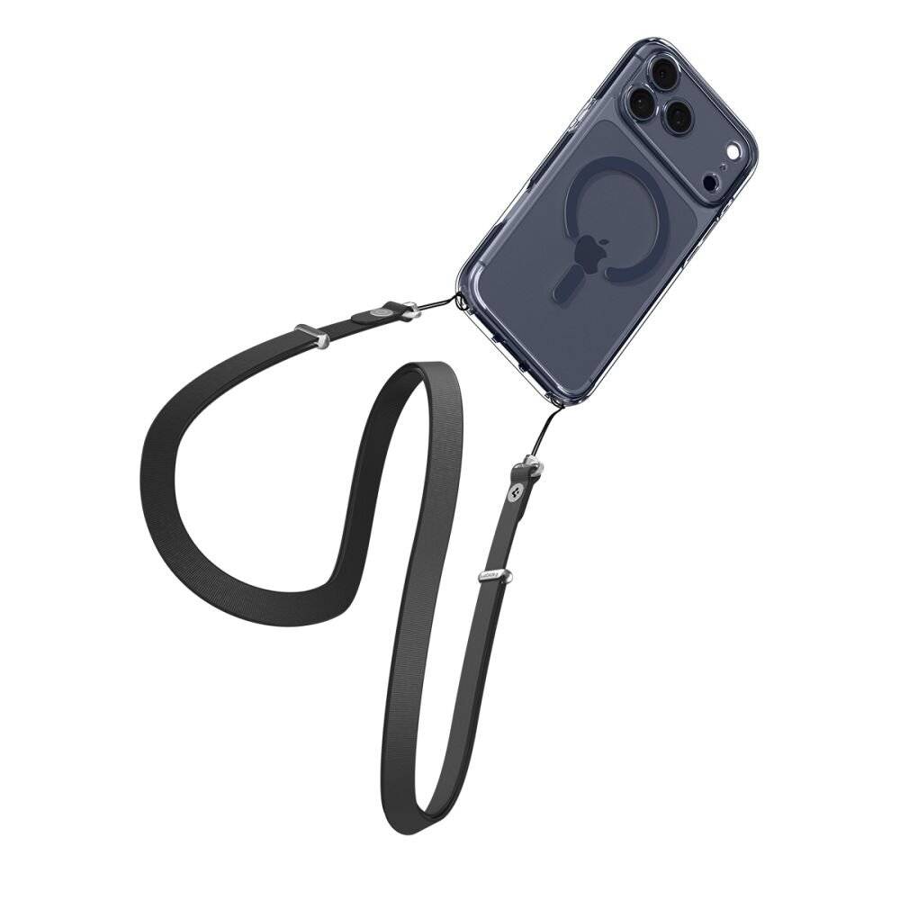 „Eine transparente Handyhülle mit MagSafe-Symbol und einem abnehmbaren schwarzen Riemen, konzipiert für die sichere Handytragung.