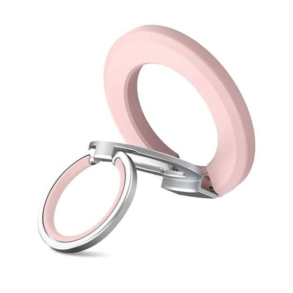 Ein rosa Telefonringhalter mit metallischem verstellbarem Ring, konstruiert zum Anbringen auf der Rückseite eines Smartphones für einfachen Griff und Unterstützung.