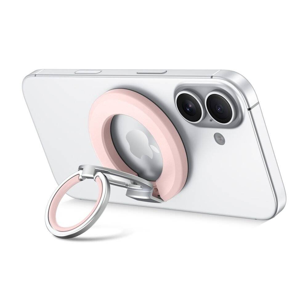 Ein Smartphone mit einer Doppelkamera und einem rosafarbenen Ringhalter auf der Rückseite, auf einer weißen Oberfläche platziert.