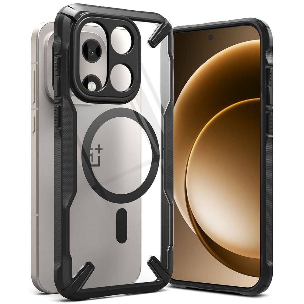 Ein Smartphone mit einer Dual-Kamera wird angezeigt, teilweise in einem schwarzen und transparenten Schutzetui untergebracht.