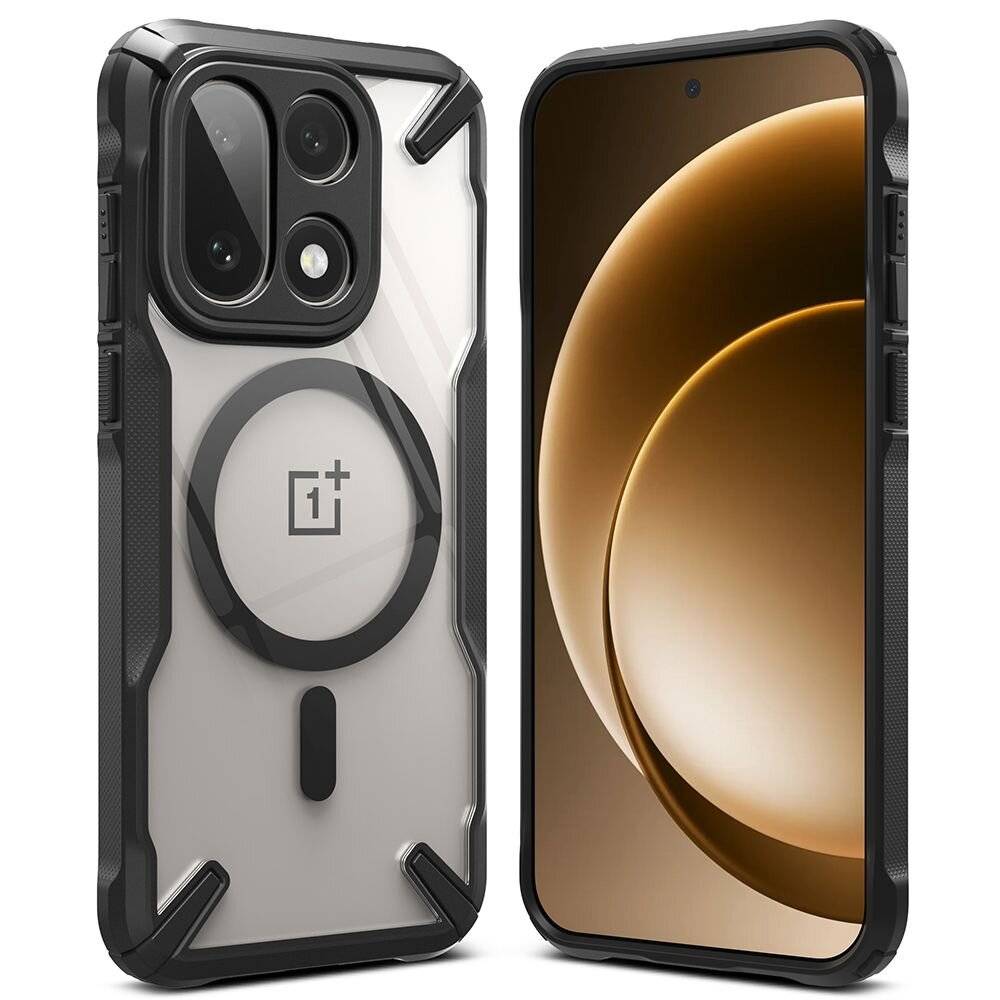 Zwei Smartphones mit robusten schwarzen Hüllen, eines zeigt die Rückseite mit einer Kamera und einem Logo, das andere zeigt ein leuchtendes kreisförmiges Design auf dem Bildschirm.