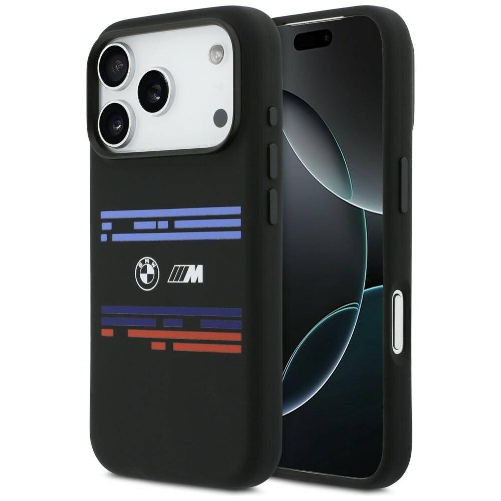 Schwarze Smartphone-Hülle mit Dreifach-Kameraausschnitt, mit blauen und roten Streifen und BMW M Logo auf der Rückseite.