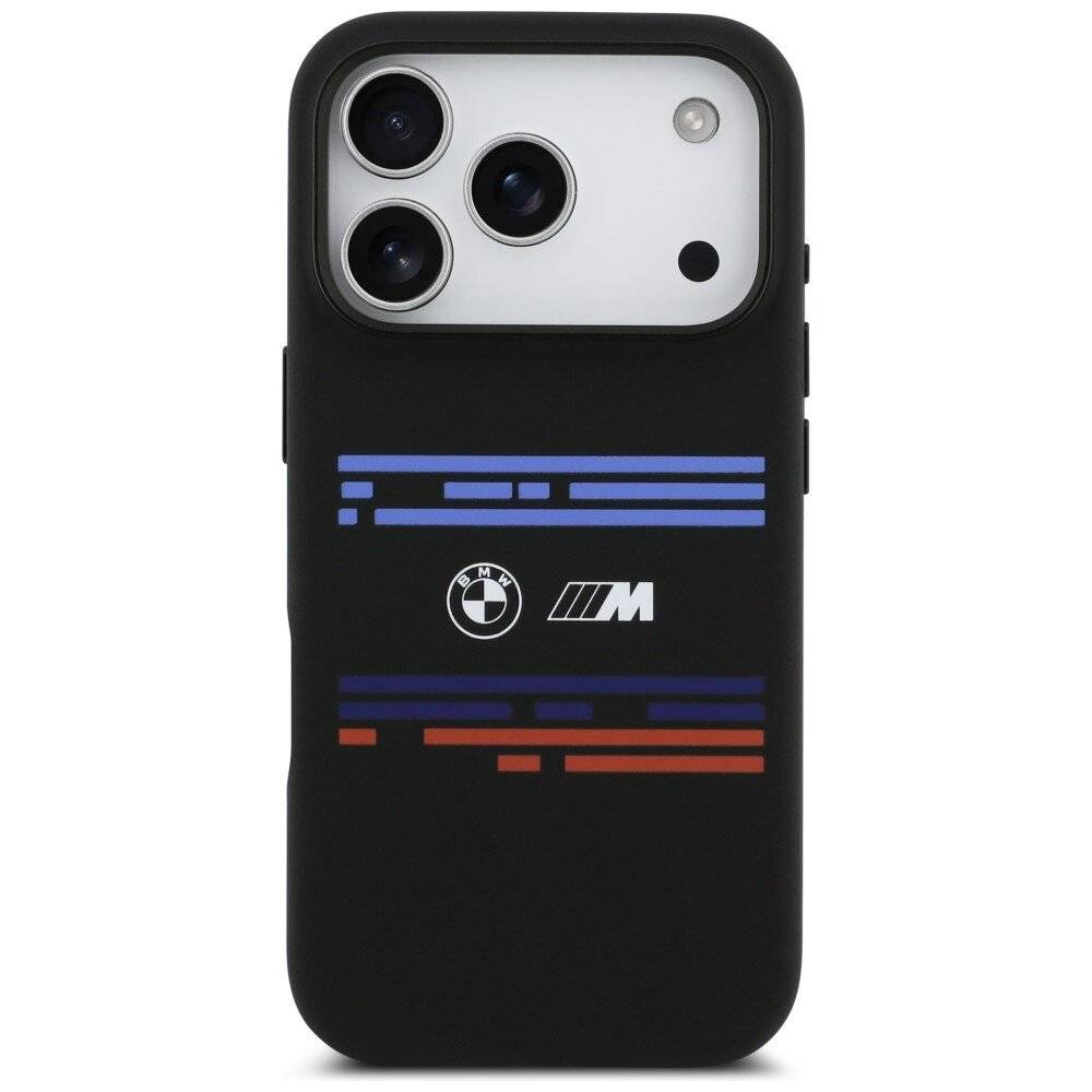 Ein schwarzes Handyhülle mit dem BMW-Logo und dem 'M'-Symbol, mit Streifen in Blau, Dunkelblau und Rot.