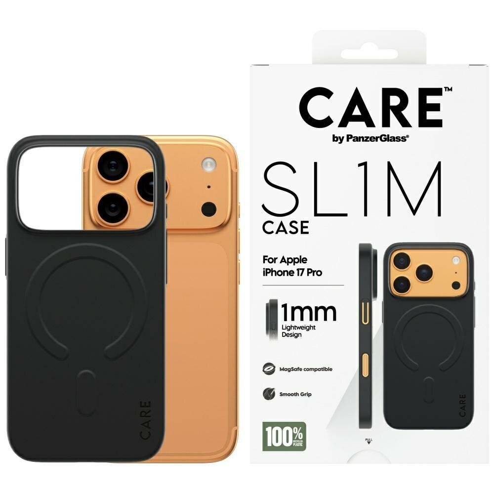 iPhone 17 Pro in Gold mit schwarzem CARE SLIM Case von PanzerGlass. Das Case verfügt über ein minimalistisches Design, ergonomischen Griff und MagSafe-Kompatibilität.