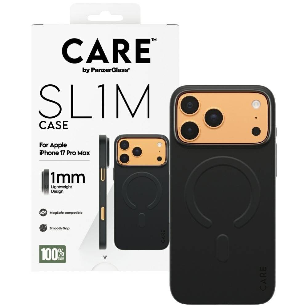 CARE SL1M Hülle von PanzerGlass für Apple iPhone 17 Pro Max' Verpackung. Features: 11mm leichtes Design, MagSafe kompatibel, rutschfester Griff.