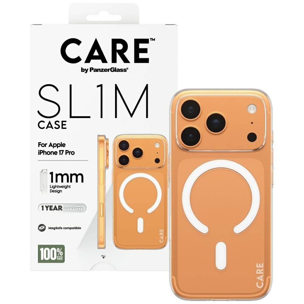 iPhone 17 Pro Hülle in Orange mit MagSafe-Kompatibilität, gezeigt in Verpackung mit der Bezeichnung SLIM CASE von PanzerGlass, 1,1mm leichtes Design.