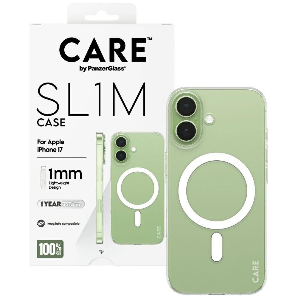 „Ein grüner CARE Case von PanzerGlass für Apple iPhone 17, abgebildet mit Verpackung, der das 1 mm leichte Design und die MagSafe-Kompatibilität hervorhebt.