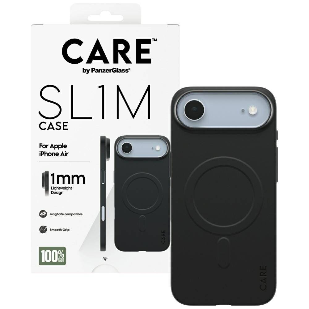 CARE SLIM Schutzhülle für Apple iPhone Air' Verpackung. Highlights: 1 mm leichtes Design, MagSafe-kompatibel, ergonomischer Griff, umweltfreundlich.