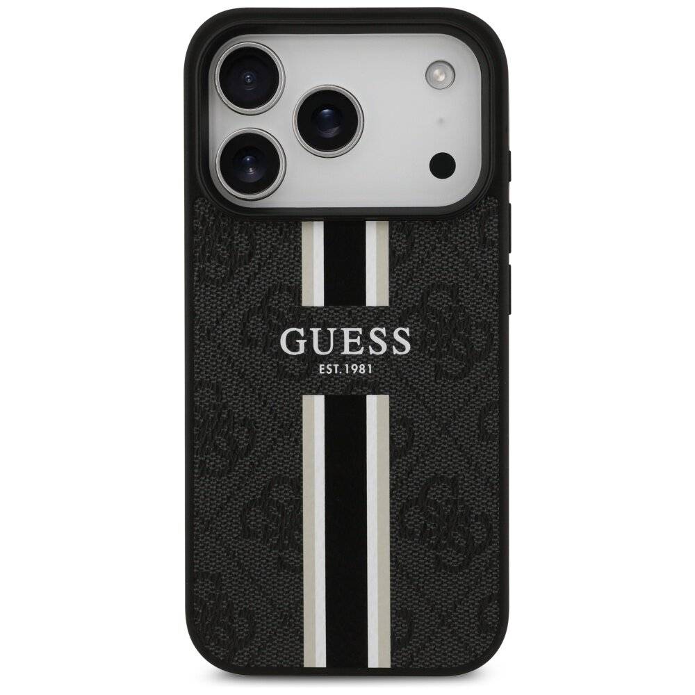 Ein schwarzes Smartphone-Gehäuse mit vertikalen weißen Streifen und dem Wort „GUESS