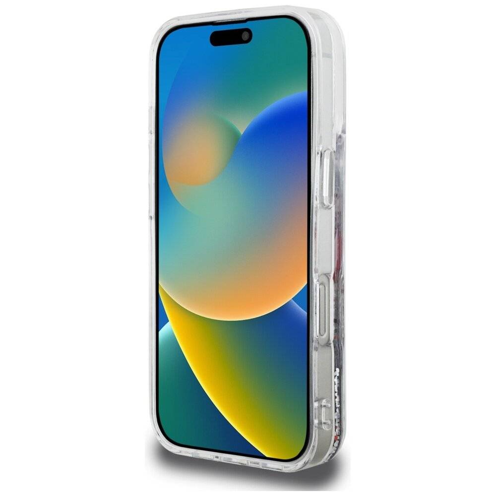 Ein Smartphone mit einem farbenfrohen abstrakten Hintergrundbild, in einer transparenten Schutzhülle verpackt, vor einem schlichten weißen Hintergrund angezeigt.