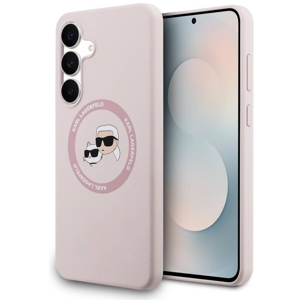 Eine rosa Smartphone-Schutzhülle mit Cartoon-Zeichnungen einer Person und einer Katze, beide mit Sonnenbrillen, und dem Text „Karl Lagerfeld