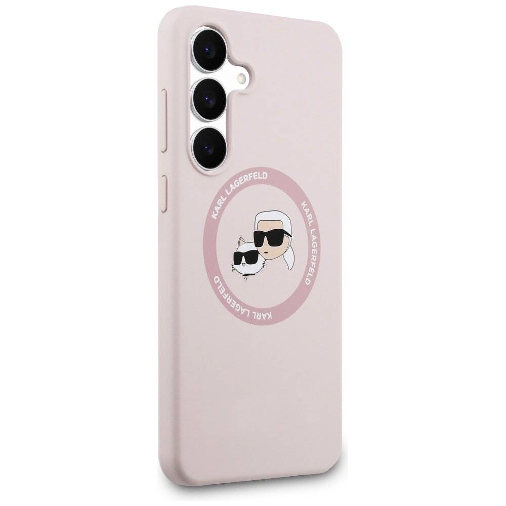 Ein rosa Handyhülle mit Cartoon-Gesichtern, die Sonnenbrillen tragen, umgeben von „Karl Lagerfeld