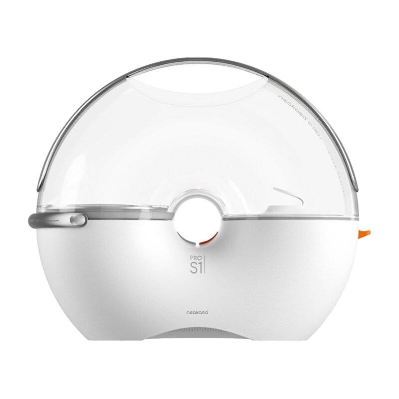 Ein eleganter, weißer moderner Futternapf mit transparentem Deckel in Kuppelform und einer kreisförmigen Öffnung in der Mitte, beschriftet mit „PRO S1