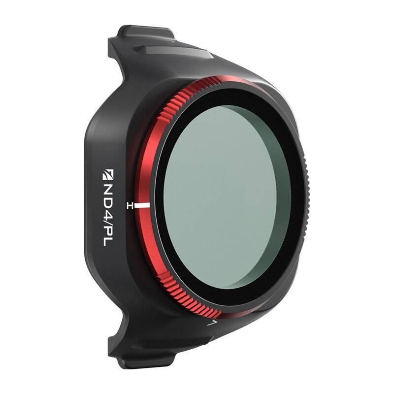 Ein Nahaufnahmebild eines ND4/PL-Kameralinsenfilters mit mattschwarzem Rahmen und rotem Akzent, der zur Reduzierung von Licht und Blendung in der Fotografie verwendet wird.