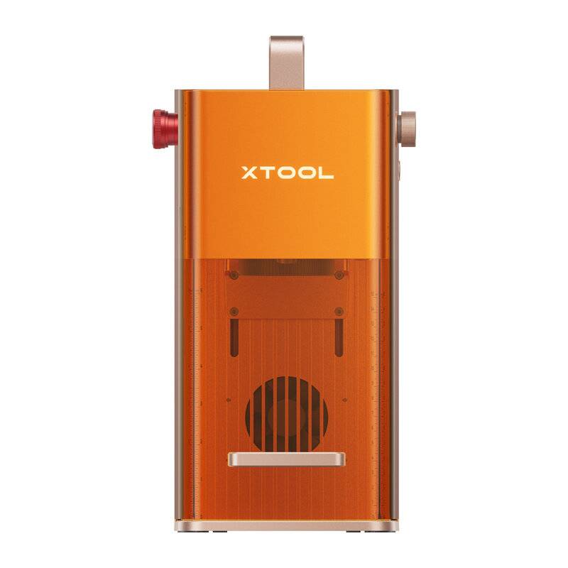 Ein kompaktes Lasergraviergerät in Orange und Silber mit der Aufschrift 