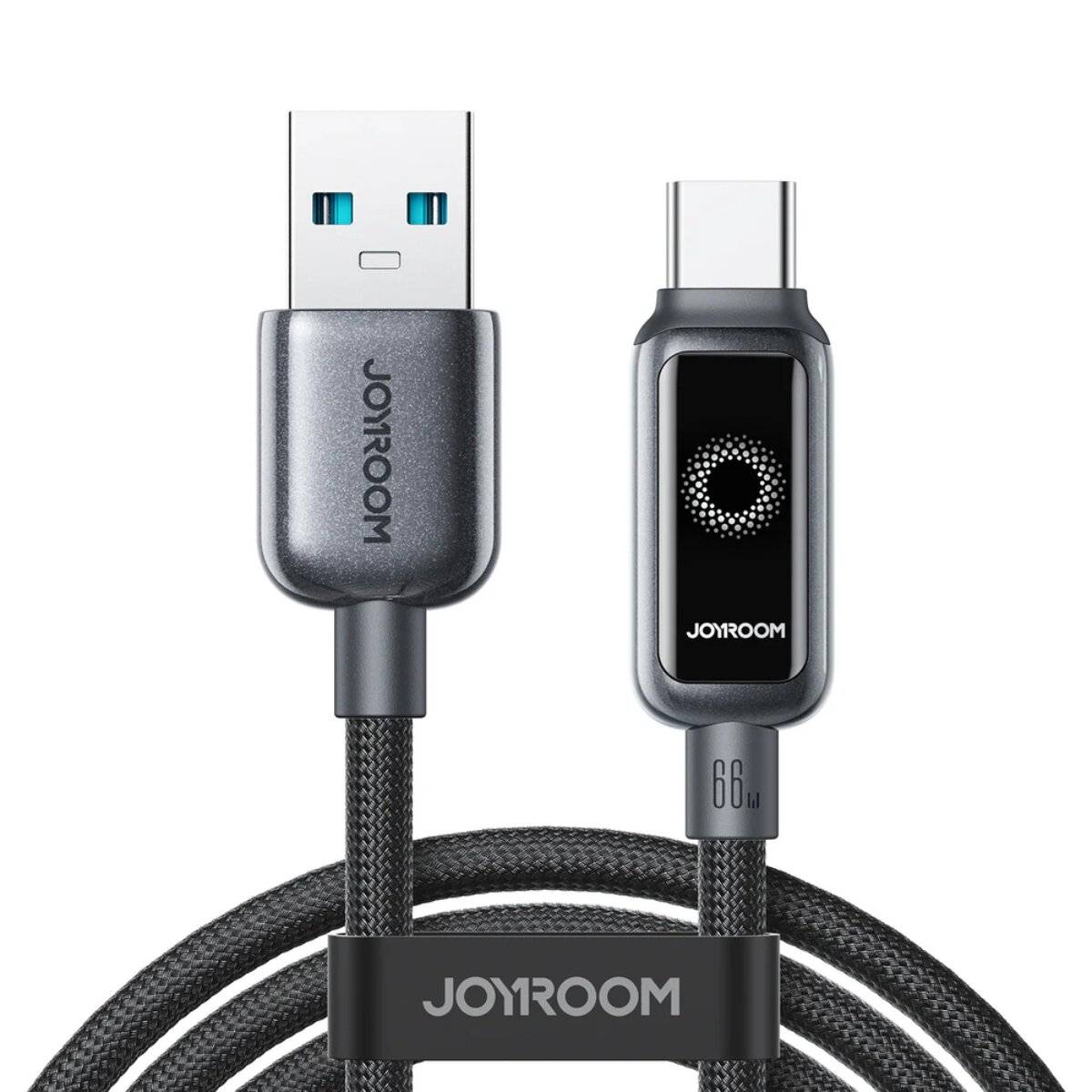 Joyroom USB-zu-USB-C-Kabel, schwarzes geflochtenes Design, gekennzeichnet mit 66W, zeigt Nahaufnahme der Anschlüsse mit Logo an beiden Enden.