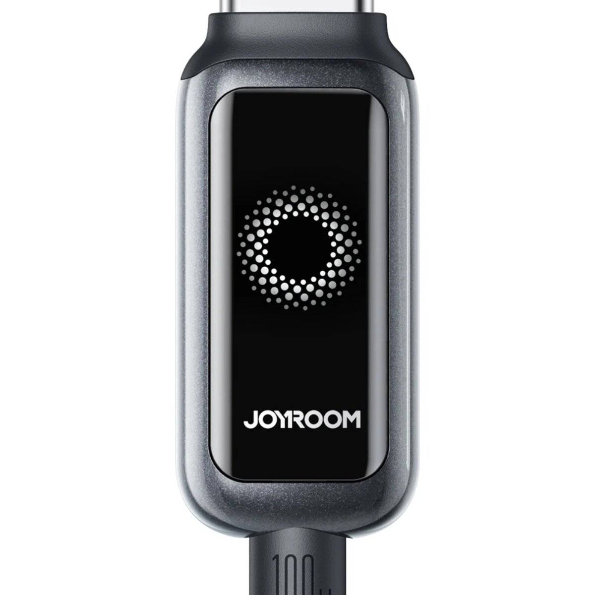 Ein metallisches Gerät mit LED-Display, das ein kreisförmiges Muster anzeigt, mit der Bezeichnung „JOYROOM