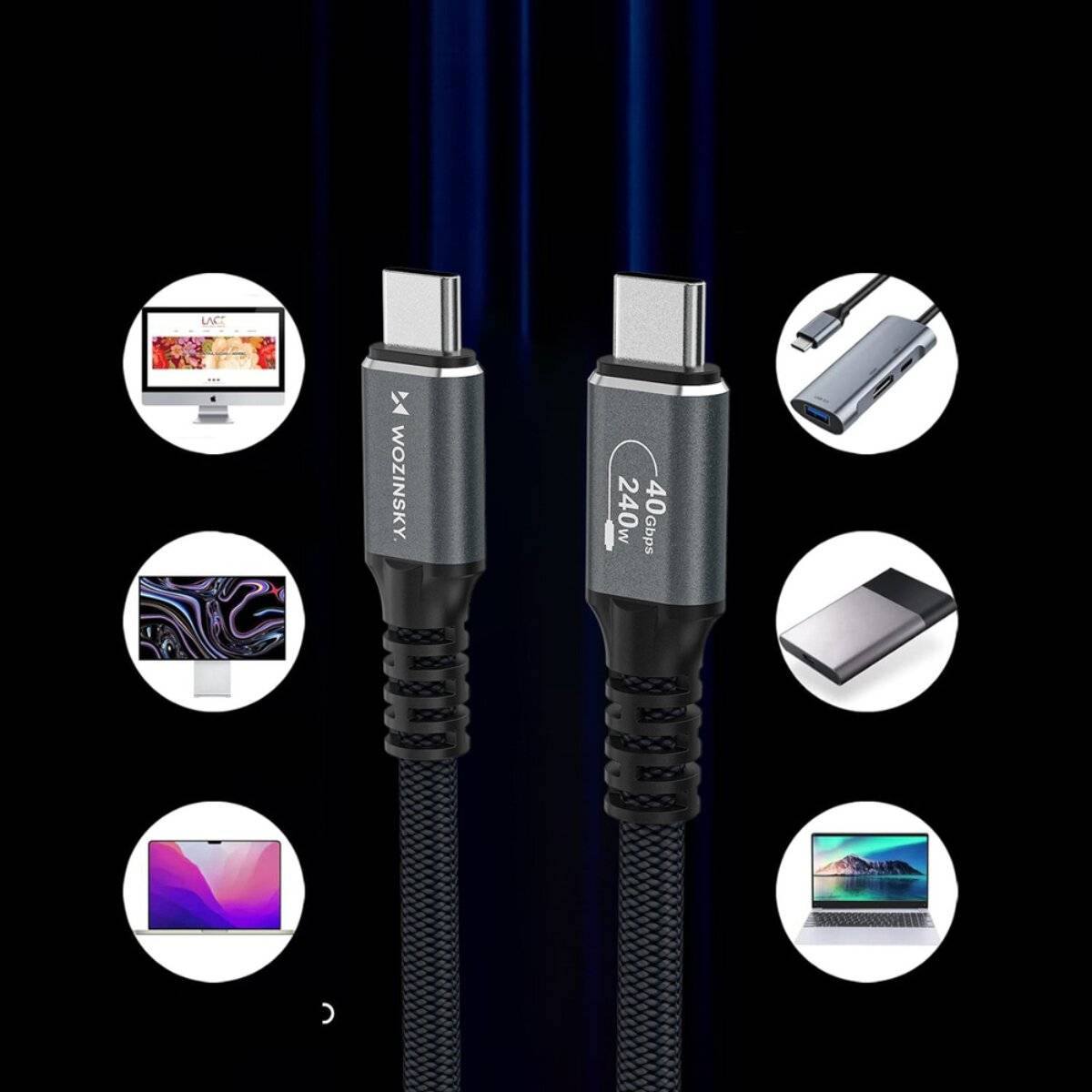USB-C auf USB-C Kabel mit 240W Ladeleistung. Bilder zeigen Kompatibilität mit Laptops, Telefonen, Tablets, Monitoren und mehr.