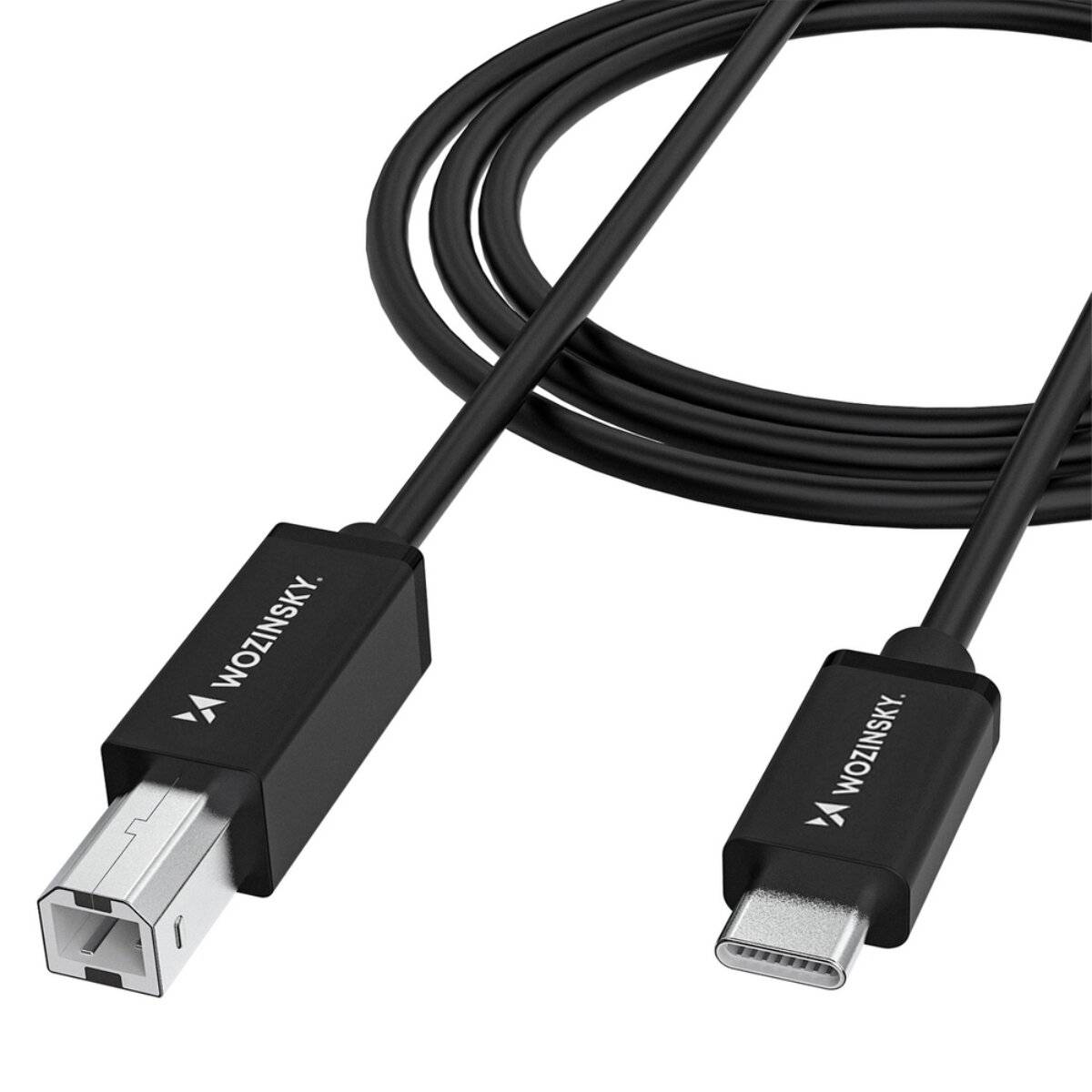 USB-Typ-B-auf-Typ-C-Kabel in Schwarz mit Markenlogo in der Nähe der Anschlüsse.