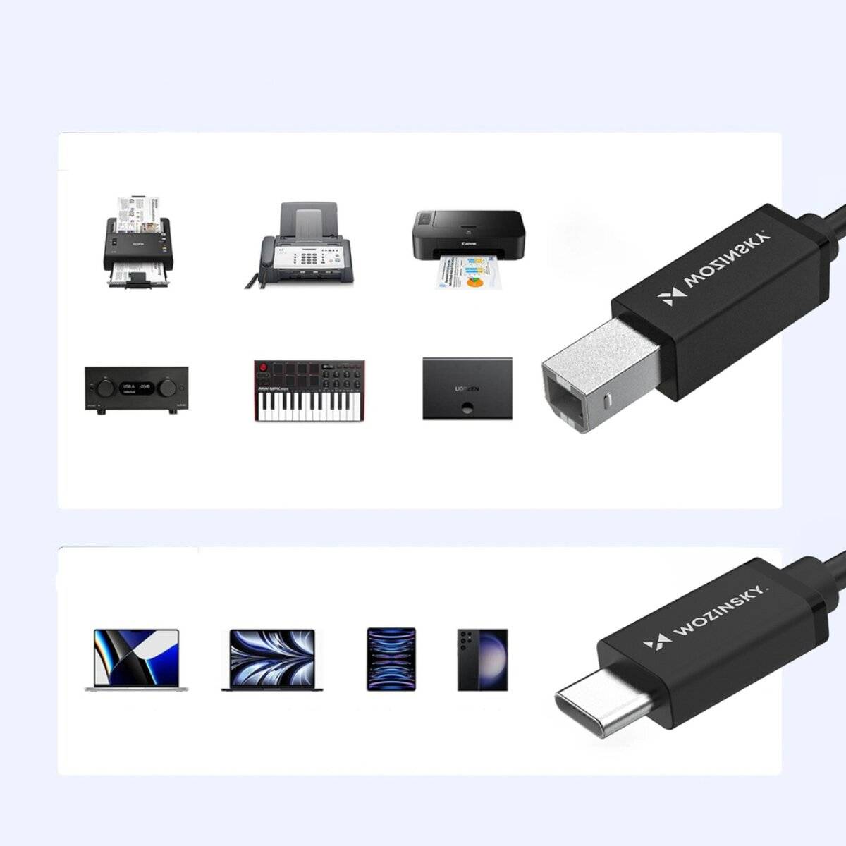 USB-Kabel neben Bildern verschiedener Geräte wie Drucker, Scanner und Laptop, die Kompatibilität mit mehreren Elektronikgeräten veranschaulichen.