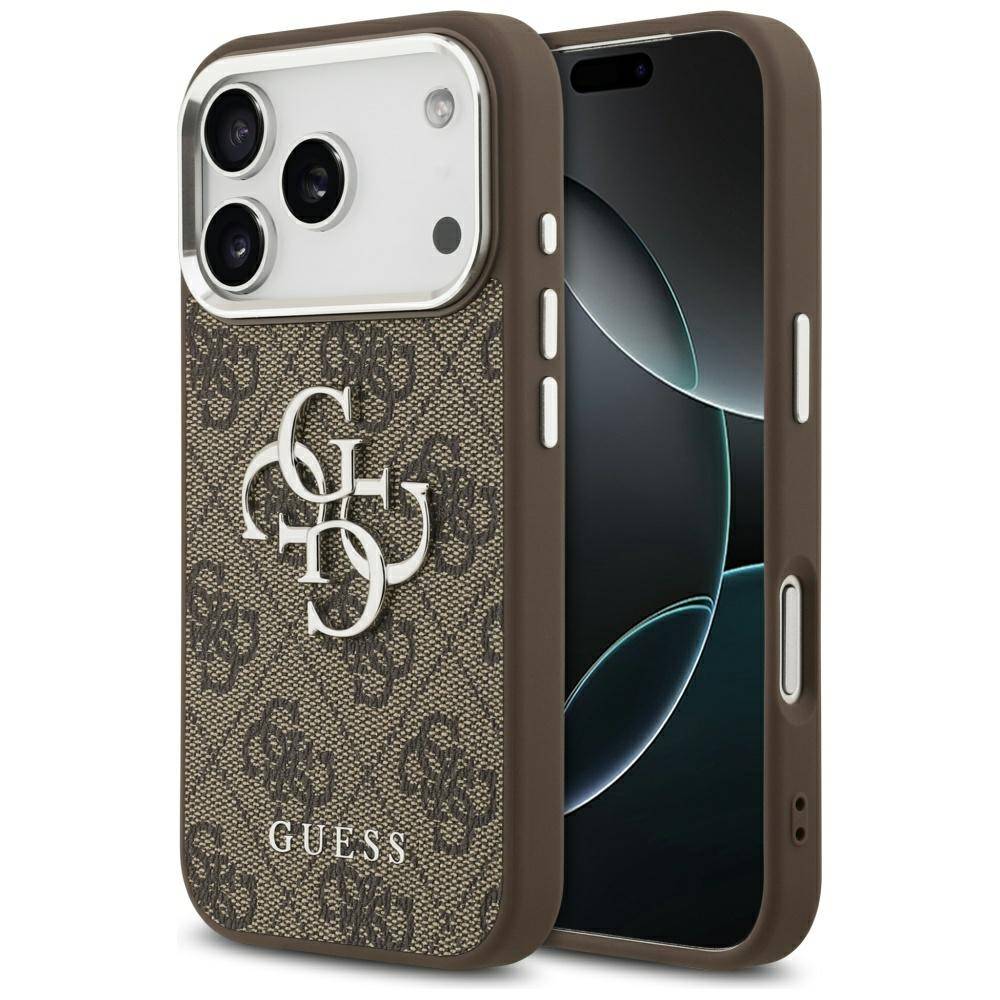 Hülle iPhone 17 Pro Kunstleder Guess grau Big Logo Metall silber